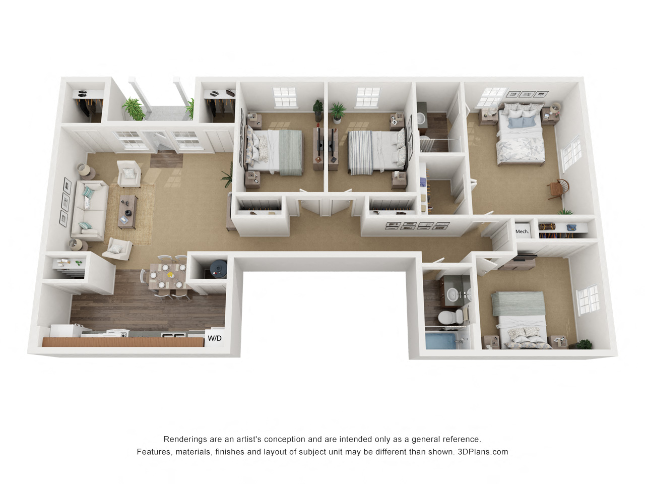 Floor plan for 4 beds, 2 baths, 1670 sqft